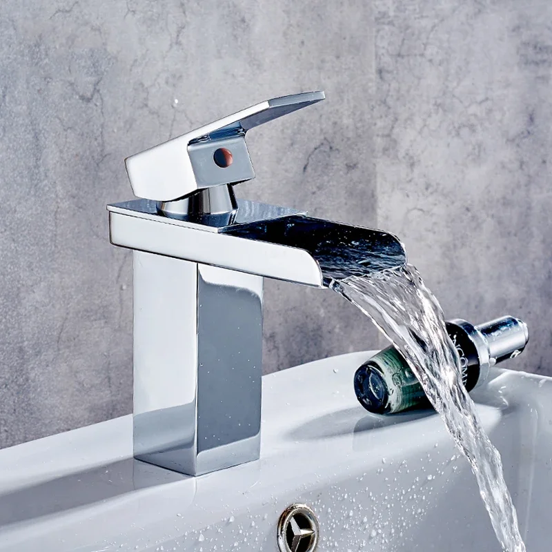 

Bathroom Basin Faucet Waterfall Vanity Sink Tap Single Handle Cold Hot Water Mixer Tap Crane Vessel Lavatory Faucet Deck Mounted