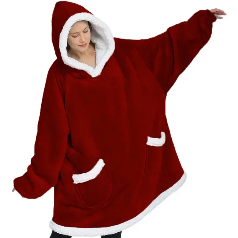 

Winter Warm TV Pocket Hooded Blankets Adults Bathrobe Cozy Hoodie Blanket Sweatshirt Plush Coral Fleece Blankets Outwears