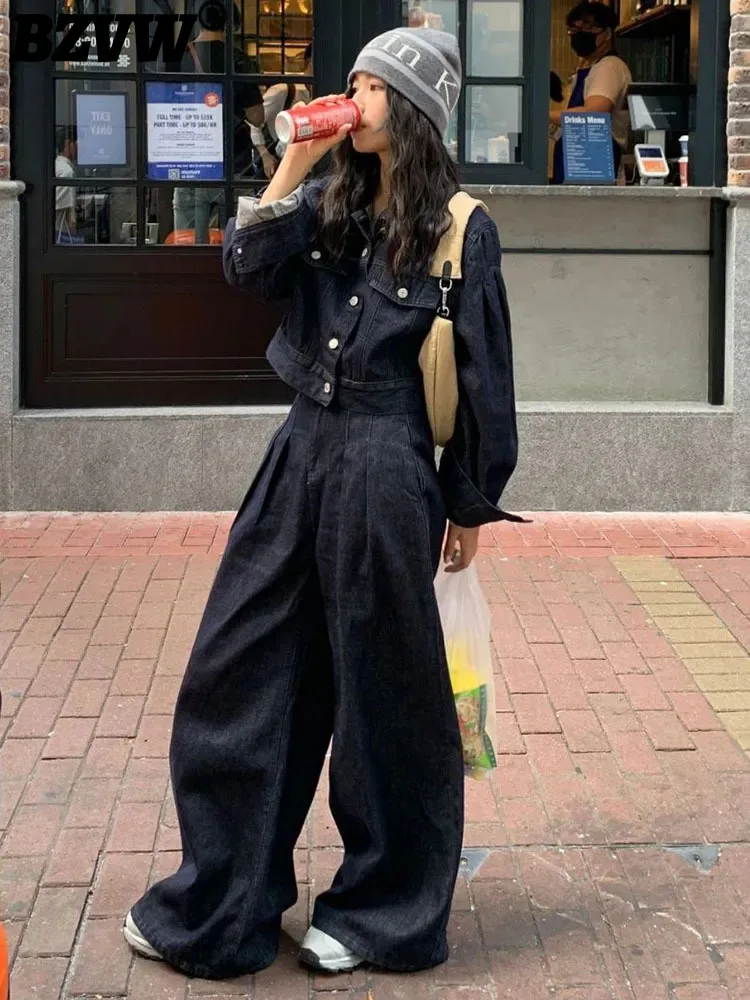 

BZVW Vintage Cotton Loose Flared Jeans Long Sleeved Pure Cotton Denim Short Jacket Women's Sets 2023 Spring Autumn New Two Piece
