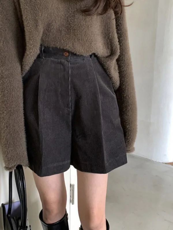 Chic Vintage High Waist Versatile Single Button Pleated Loose Wide Leg Corduroy orts for Women Faionable All-Match Sle