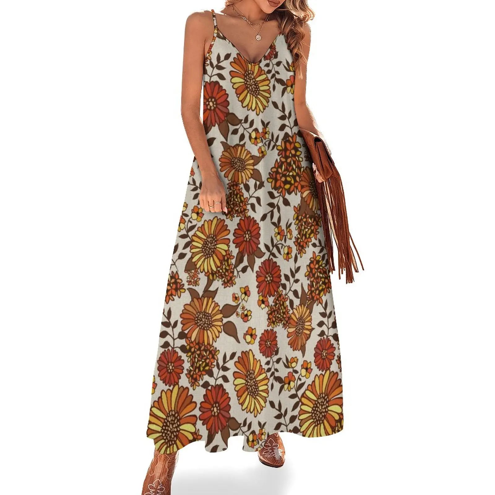 

New Retro 70s boho hippie flower power Sleeveless Dress Dance dresses evening dress woman