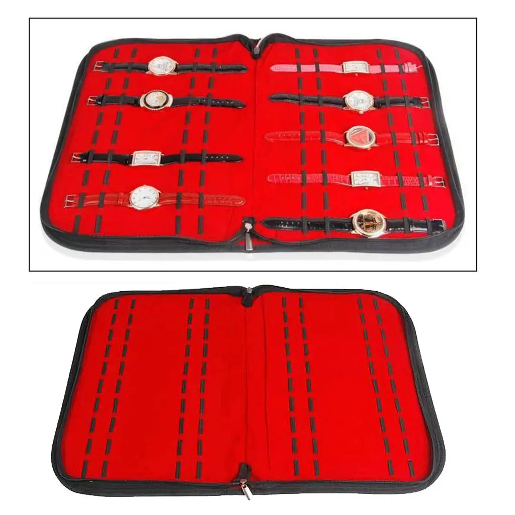 BLACK LEATHER 20 SLOT ZIPPER CASE STORAGE BOX ORGANIZER RED INTERIOR leather storage box