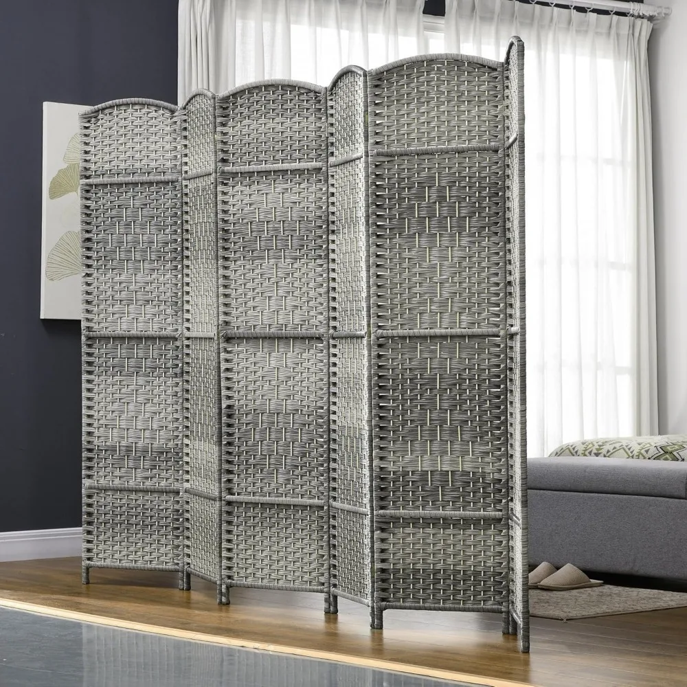6 Panel Privacy Room Divider, 6' Tall Room Divider Hand-Woven Freestanding Wall Partition for Home Office, Bedroom, Mixed Gray 2