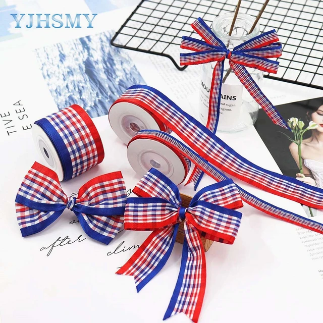 Red White Blue Plaid Patriotic Ribbon, 4th of July Ribbon Wired for Wreath,  American Flag Ribbon