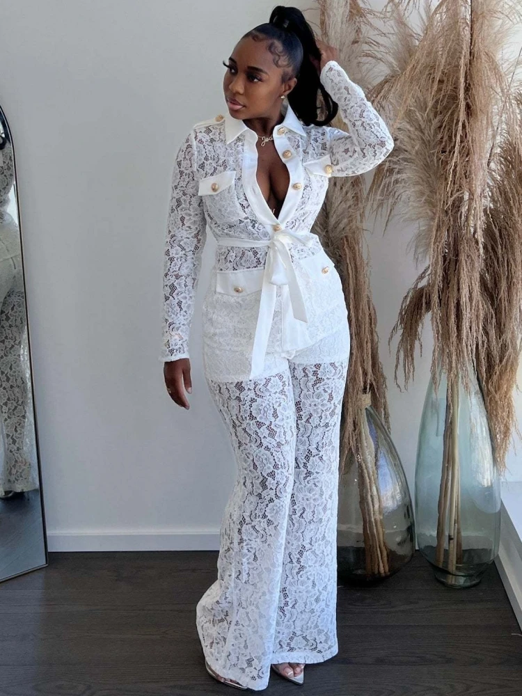 

2 Piece Set Matching Pant Sets Dashiki African Women's Set Lace Flower Long Sleeve Top Pants Suit Two Piece Tracksuit Outfits