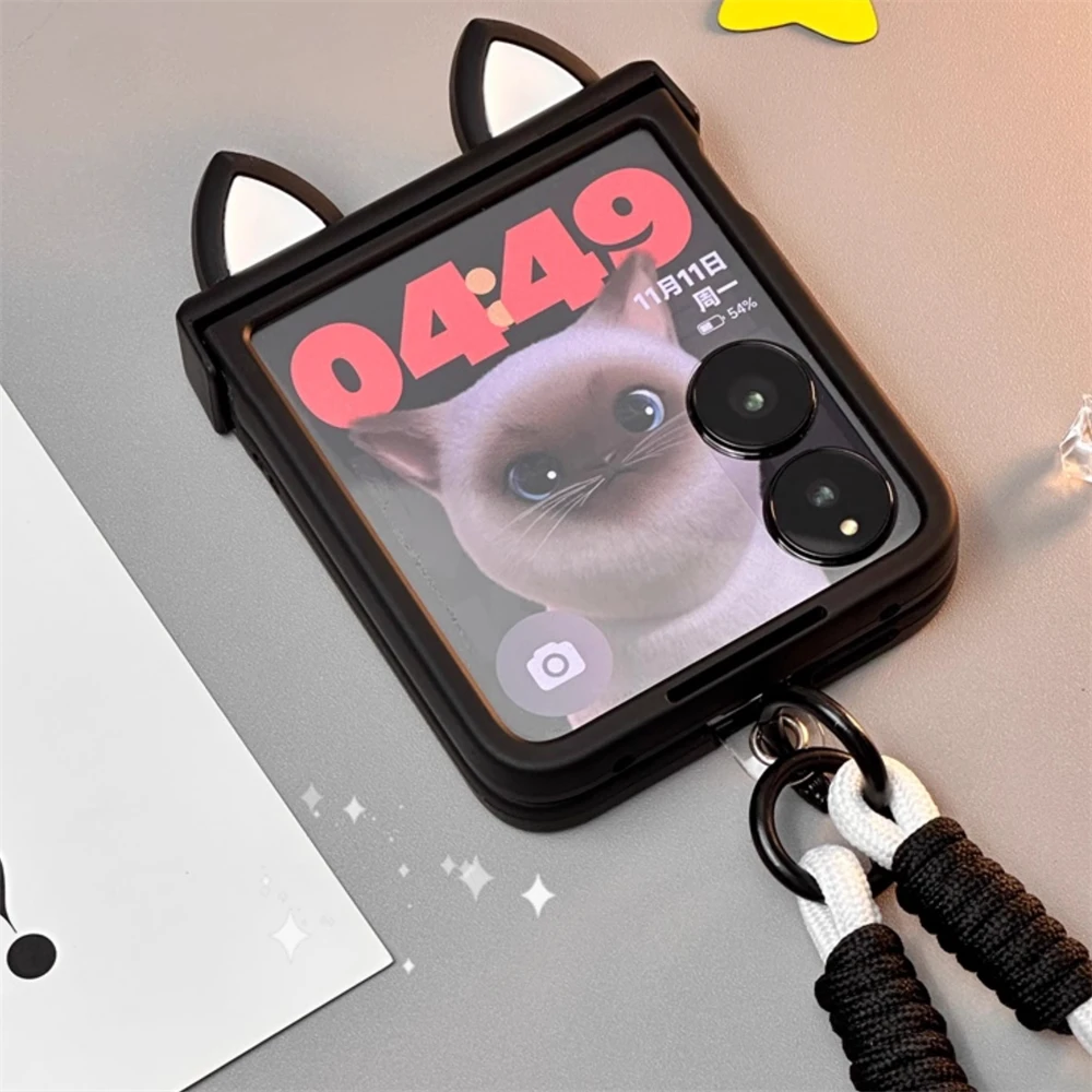 Japan Korean Cute Kitten Ears Case with Hand Strap and Hinge Design