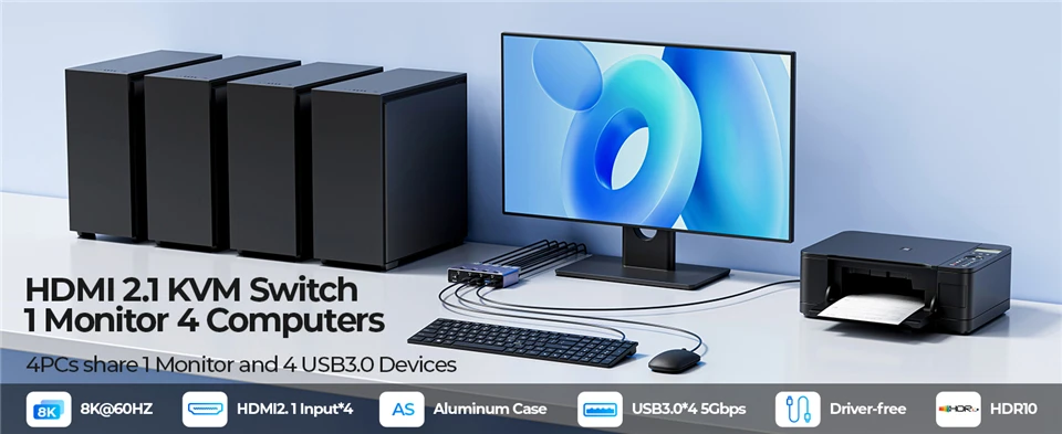 4K 240Hz 4X1 HDMI KVM Switcher 4 Port 8K USB HDMI KVM 4 PC Switch 144Hz Docking
