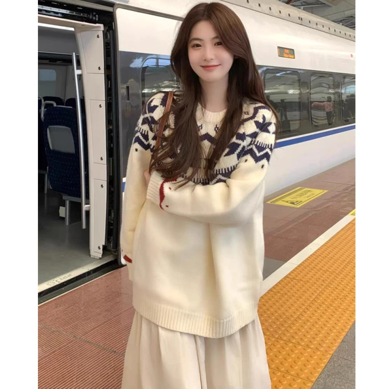 Autumn Casual Soft Loose Long Sleeved Knitted Top Winter Korean Printed O-neck Pullover Sweater Classic Retro Women's Sweater