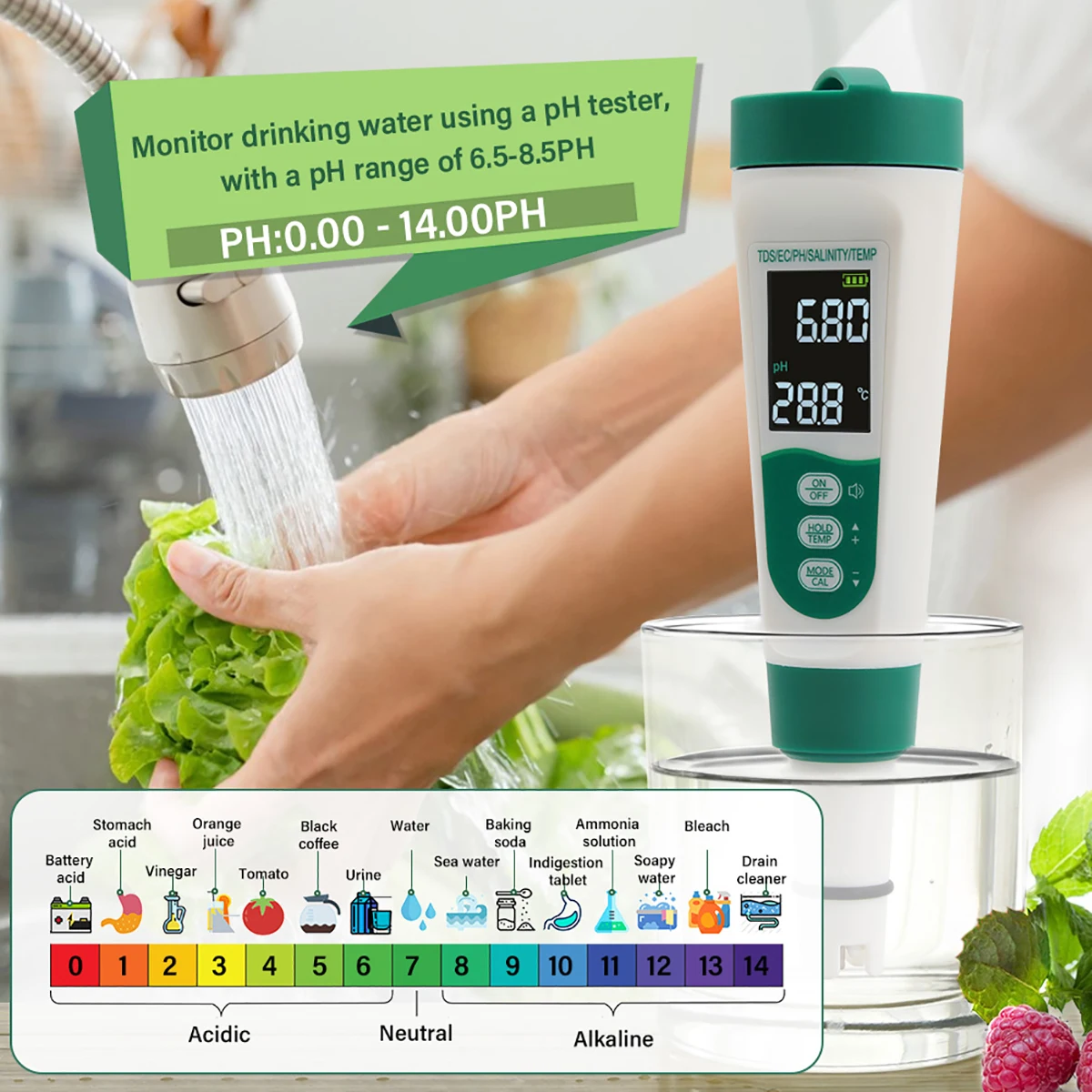 5-in-1 Water Tester Pool Salt Tester High Accuracy PH/EC/TDS/Salt/Temp Meter Water Analyzer for Pools Aquariums