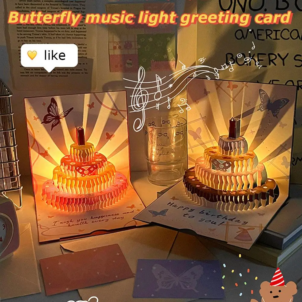 3D Musical Birthday Greeting Cards Pop-up Gift Card With Led Light Music Gift Cards With Envelope For Wedding Decor Wife