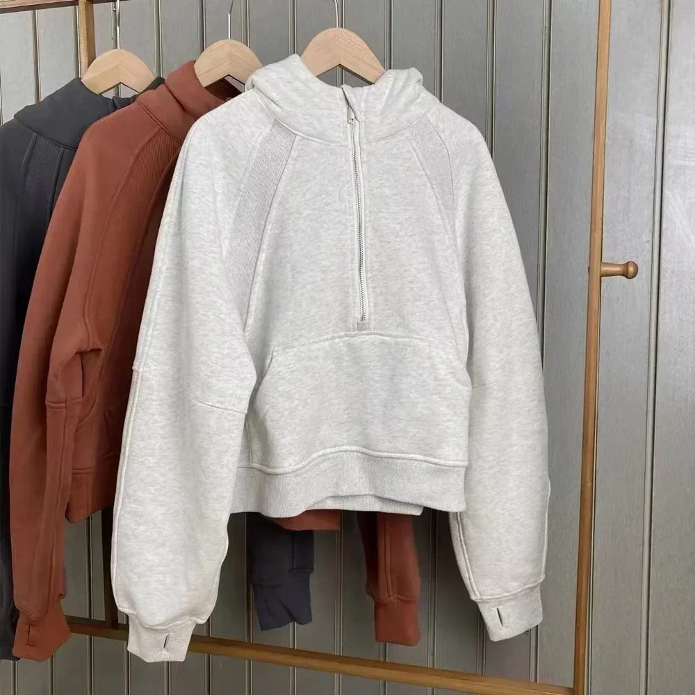 Lemon Long Sleeve Thickened Warm Training Sports Gym Outdoor Yoga Jacket Women Scuba Half Zipper High Collar Hoodie