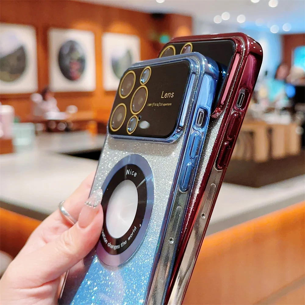 Gradient Glitter Love Heart Magnetic Clear Phone Case For iPhone 15 14 13 12 11 Pro Max Plus Bumper Lens Protector Soft_voghion.com