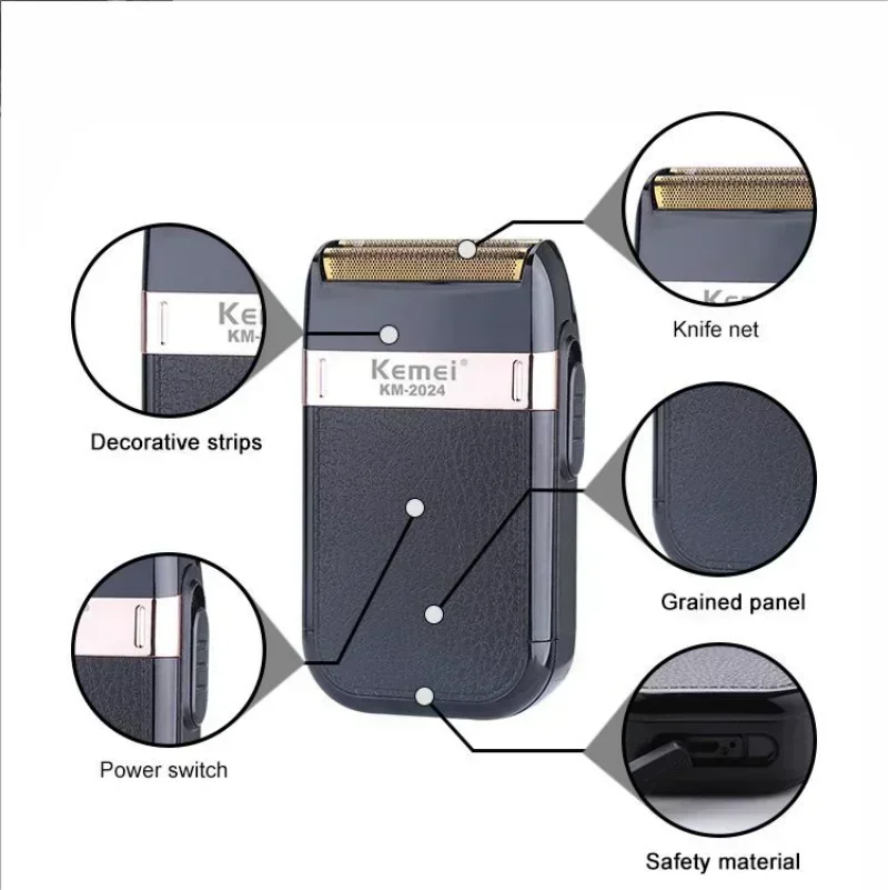Kemei KM-2024 Electric Beard Shaver Professional Beard Trimmer Mini Face Razors for Shaving Men Leather Covering IPX4 Waterproof 3