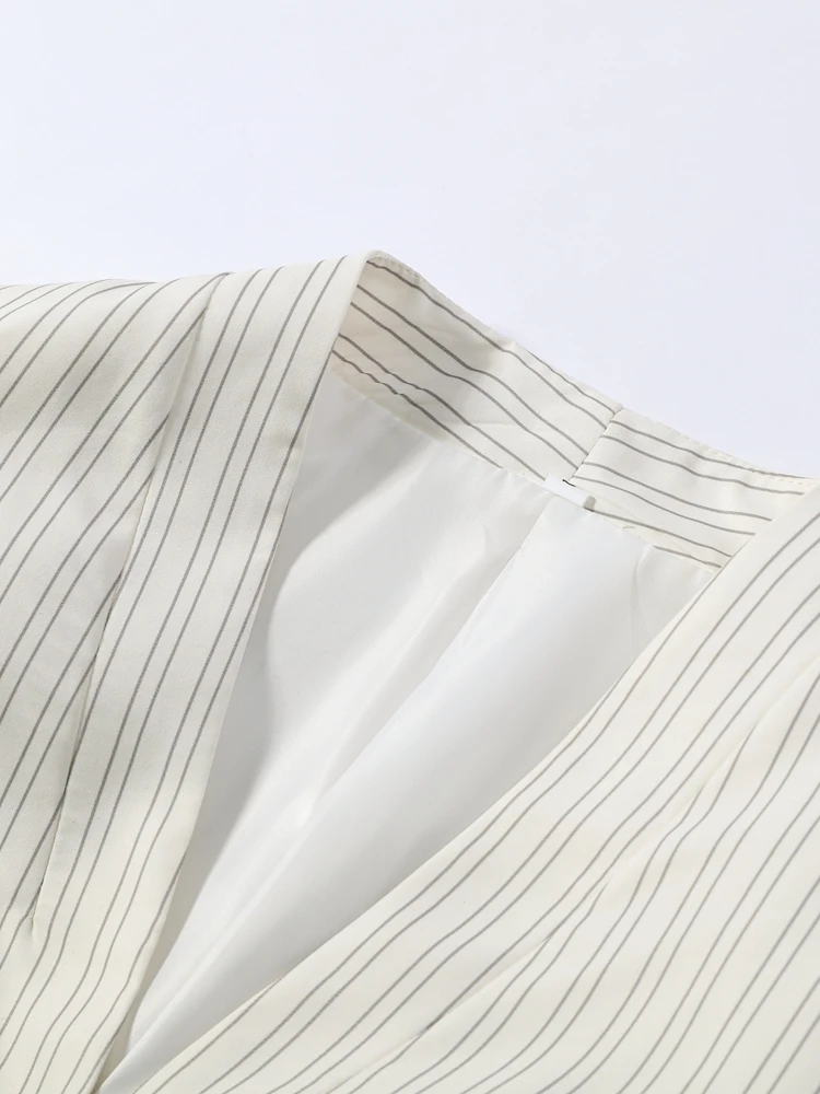 Gestreiftes Rüschen-V-Ausschnitt-Hemd für Damen, Elegante Langarm-Bluse mit Taillenschnürung, Einreihig, Schlanke Passform, Frühlings-Neuheit, Damen-Streetwear – Detail 7