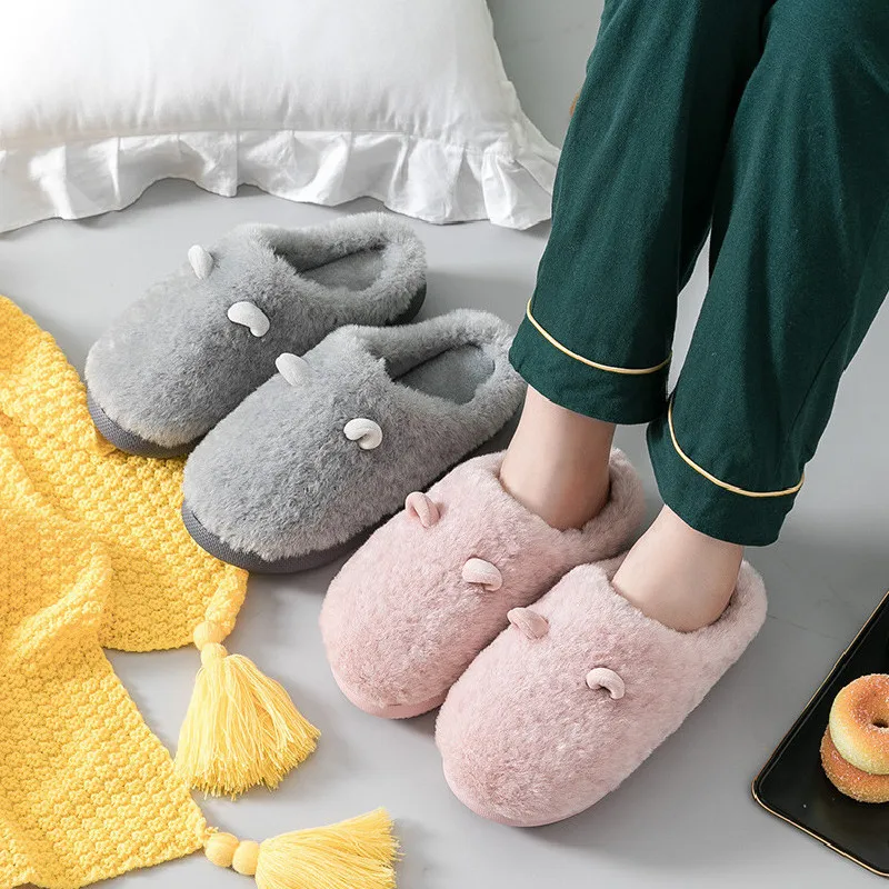 New Winter Slippers for Women Men Indoor Furry Warm Home Shoes Soft EVA Thick Sole Plush Women Couples Cute Platform Slides 5