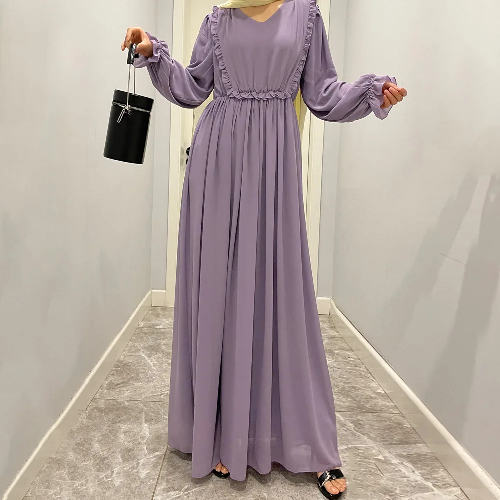 

New Women Ruffles Chiffon Long Maxi Dress Modest Abaya Casual Kaftan Muslim Dubai Party Gown Eid Ramadan Islamic Clothing Robe