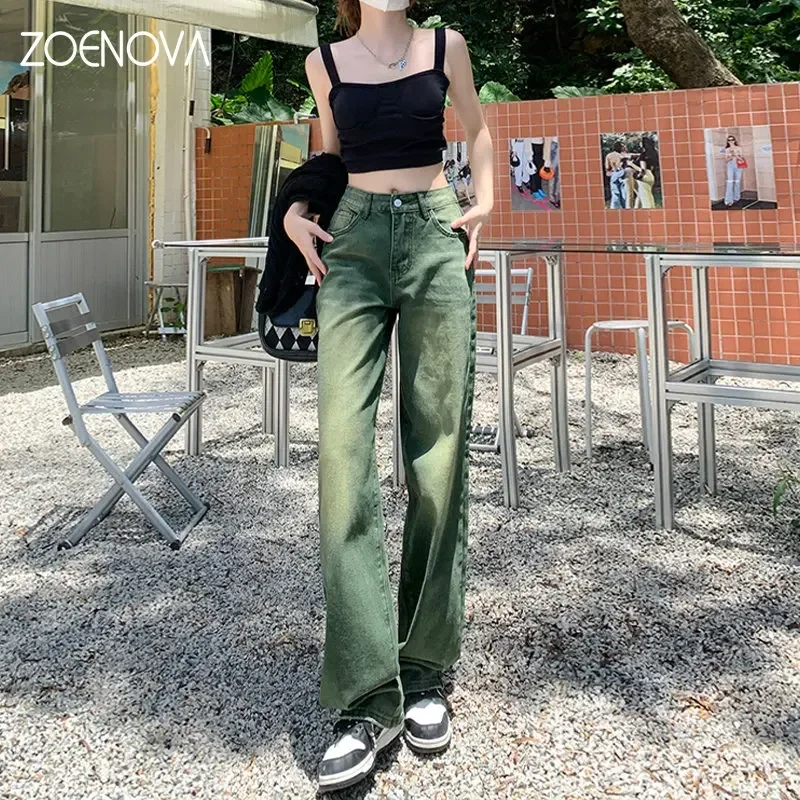 ZOENOVA 아메리칸 레트로 여성 하이웨이스트 스트리트웨어, 워싱 루즈 스트레이트 팬츠, 와이드 레그 모핑 청바지, XS-XL, 2023 여름 신상