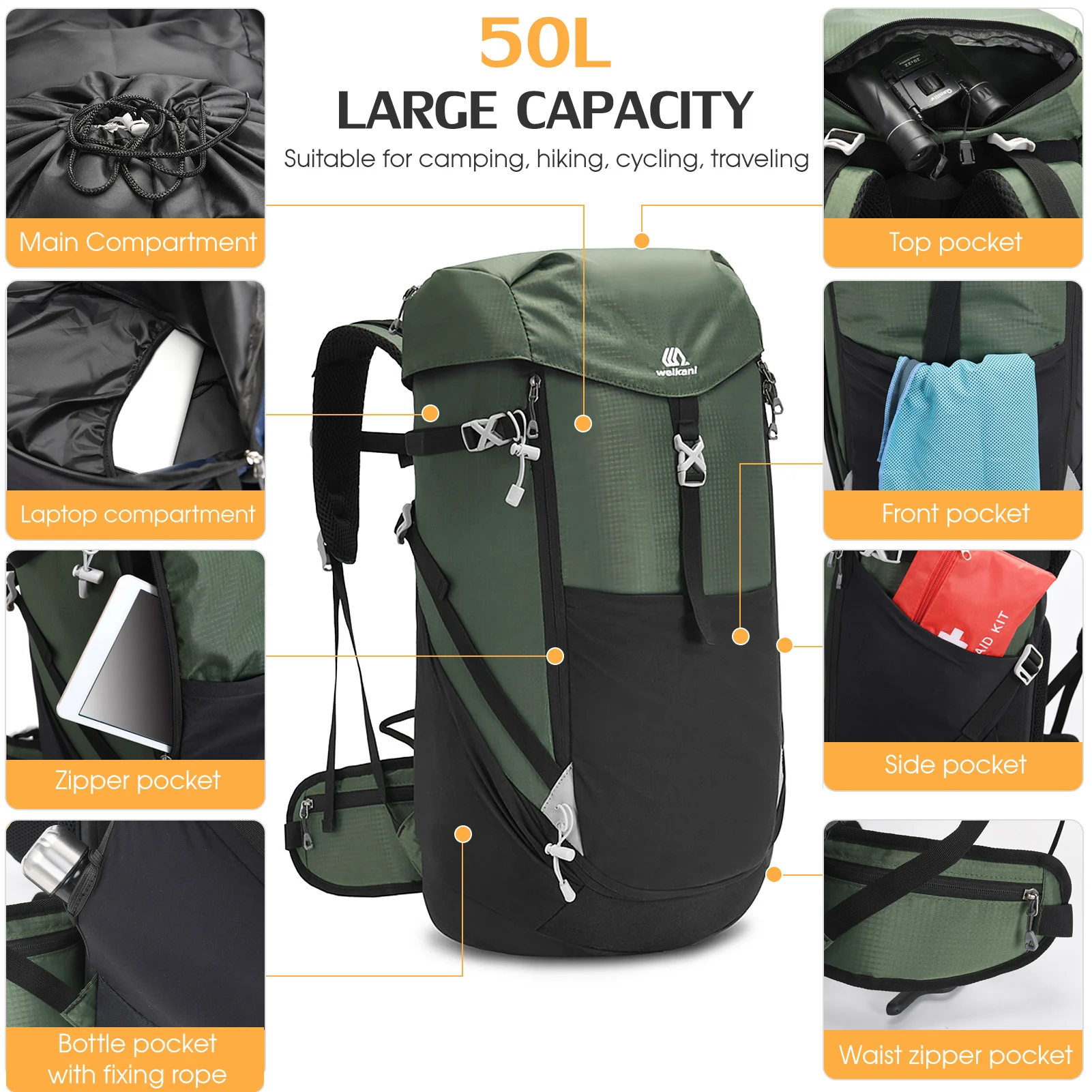Mochila de Montañismo de 50L, bolsa impermeable de gran capacidad para  exteriores, bolsa de viaje transpirable, mochila de día para senderismo,  Camping y escalada - AliExpress