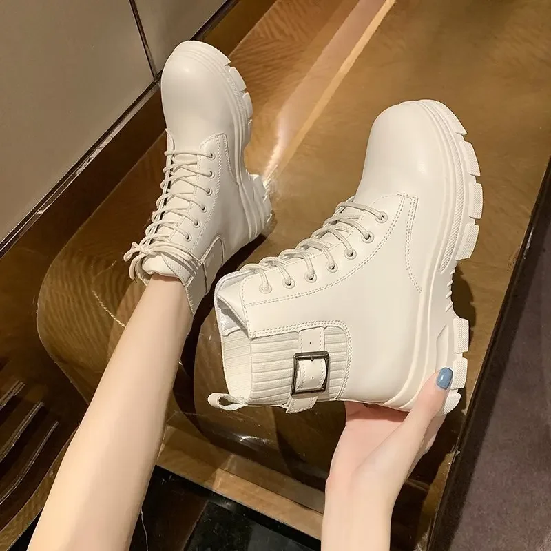 

2024 New Soft Leather British Style Women's Boots Fashion Round Toe Ankle Boots Winter Elastic Black Ladies Platform Shoes