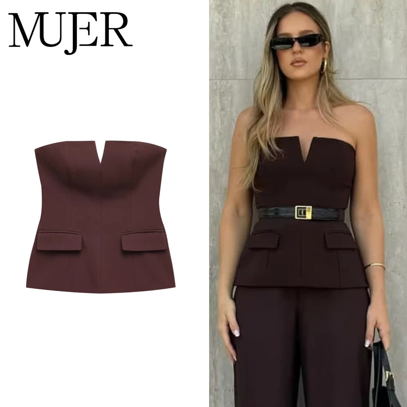 MUJER schulterfreies Tube-Top für Damen, sexy, trägerlos, bauchfreies Top, Damenmode, rückenfrei, kurze Tops für Damen, Frühlings-Bustier-Weste-Top