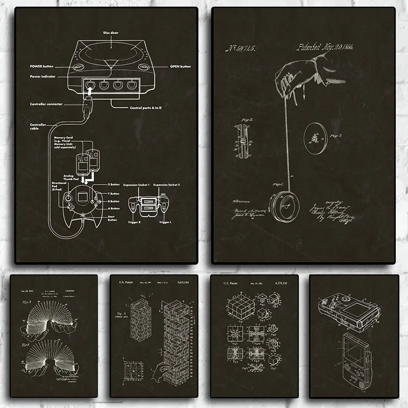 Vintage Toy Patent Blueprint Slinky,Jenga,Yo-Yo,Rubiks Cube Poster Canvas Painting Invention Immagini A Parete Kids Room Decor Gift