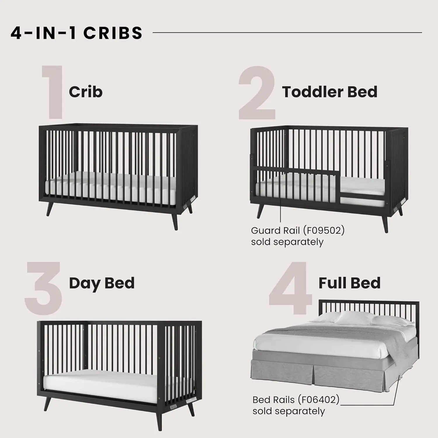 Convertible Crib Dresser Set Pine Wood 4-in-1 Toddler Full Size Bed Nursery Furniture Solid Non-Toxic Finishes 4