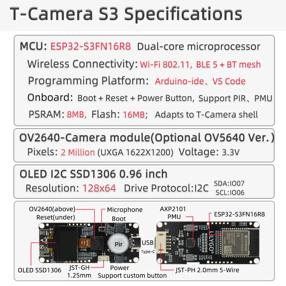 LILYGO®T-카메라 S3 ESP32-S3 ESP32-Cam, 2 백만 픽셀 HD 카메라 플래시, 16MB ESP32-S3FN16R8, 0.96 인치 SSD1306 OLED 마이크 Pir PMU
