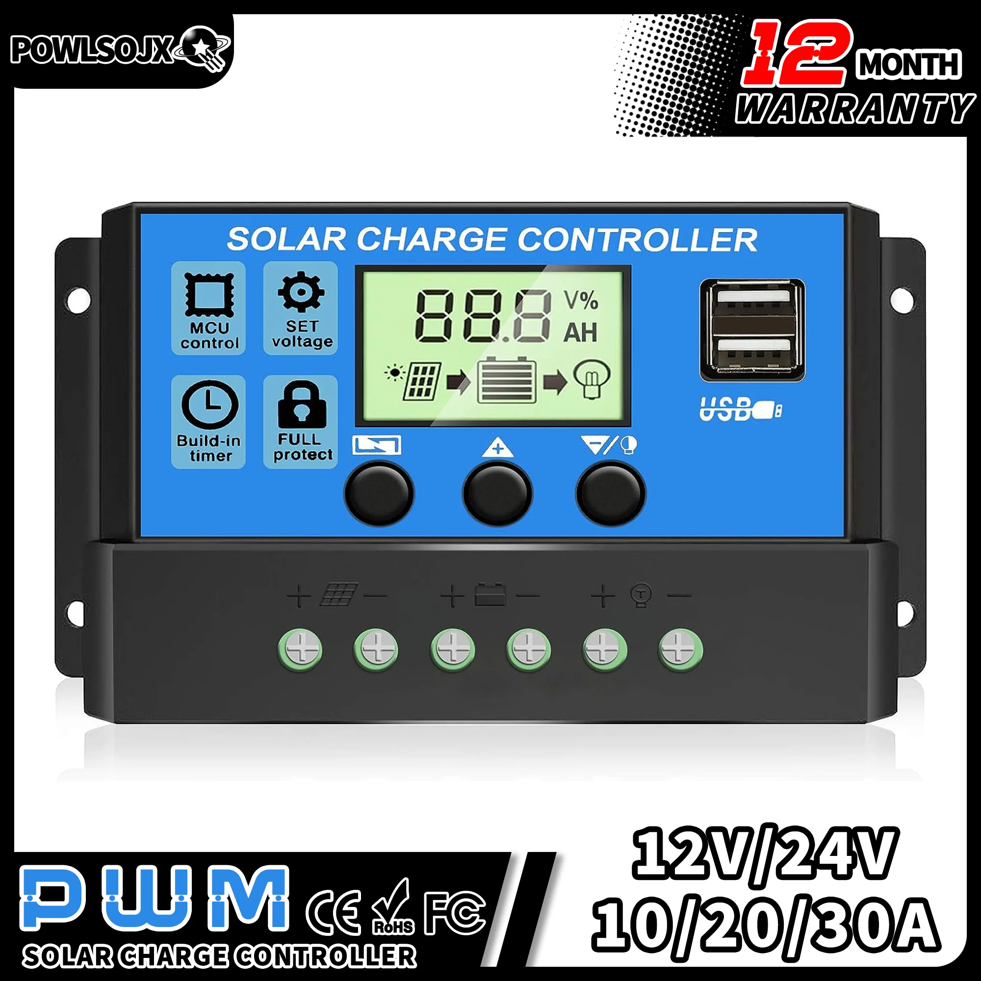 Powlsojx 12V 24V Pwm Regolatore Di Carica Solare 10A 20A 30A Con Display Lcd Regolabile Doppia Porta Usb Timer Impostazione Parametro Automatico