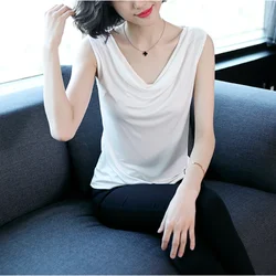 S-5XL Women Ice Silk Shirt Heaps Collar Sleeveless Tank Tops Summer Vests Solid Soft Slim Stretchy Tshirts Tops For Woman