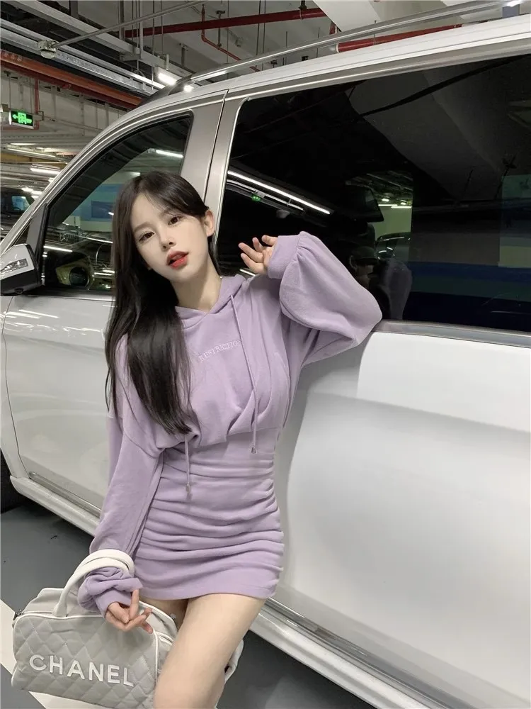 Korean Fashion Hooded Sweater Wrap Hip Dress Women's Autumn
