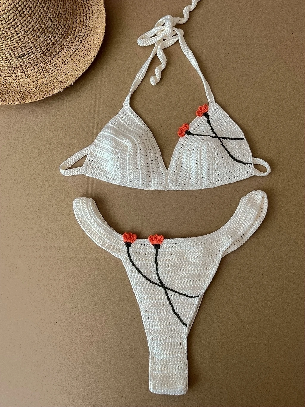 

2024 Women Handmade Red Poppy Crochet Bikini Set Brazil Floral Swimwear Beachwear
