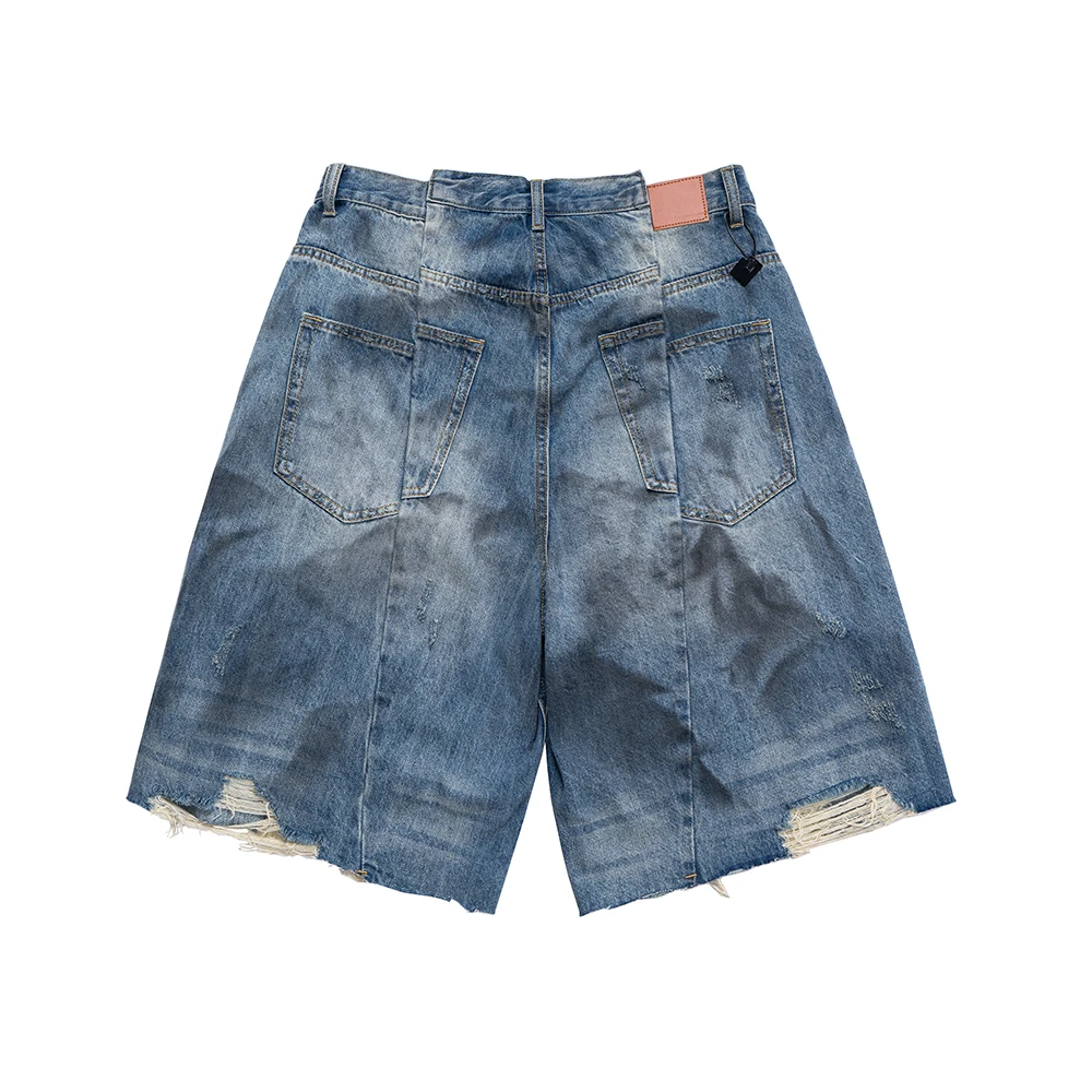 High Street Wrinkled Washed Dirty Dyed Vintage Ripped Distressed Baggy Five Point Pants Oversized Denim Shorts for Men