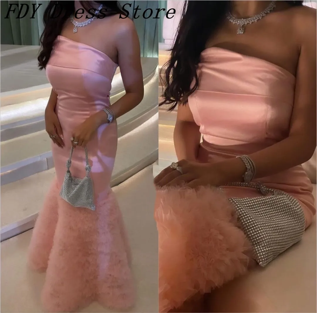

Vintage Mermaid Evening Dresses Strapless Sleeveless Prom Dresses Pleated Tulle Floor Length Wedding Party Dresses