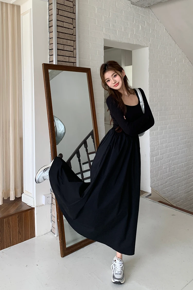 Casual Knitted Midi Dresses for Women Solid Long Sleeves Square Collar A-line Autumn New Elegant Dress Female Slim Vestidos