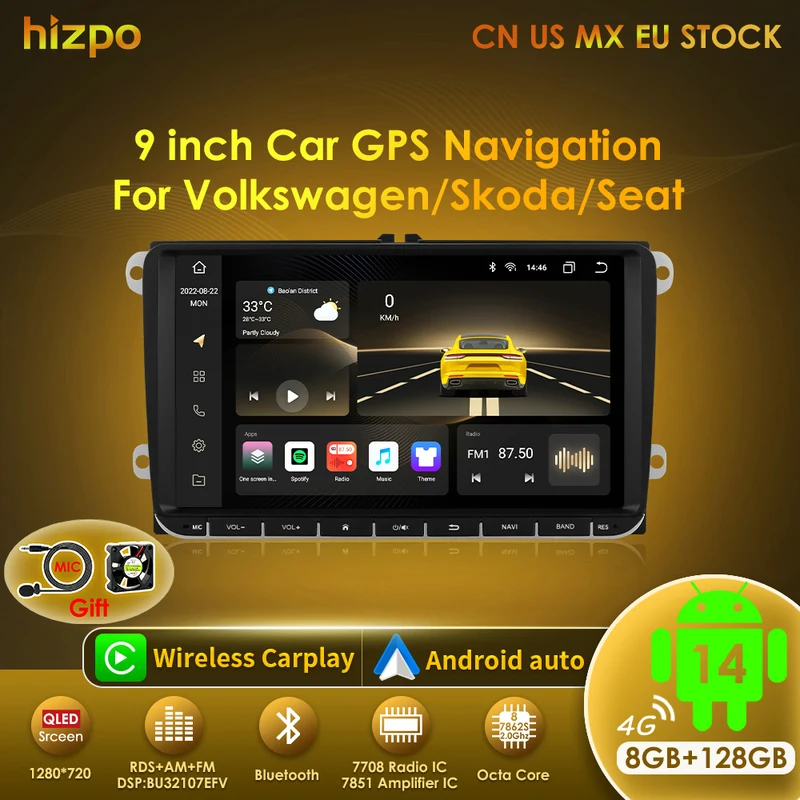 Hizpo Car Multimedia Player 2din Android 14 Radio For VW Volkswagen Golf Polo Skoda Rapid Octavia Passat B6 7 Tiguan Carplay GPS