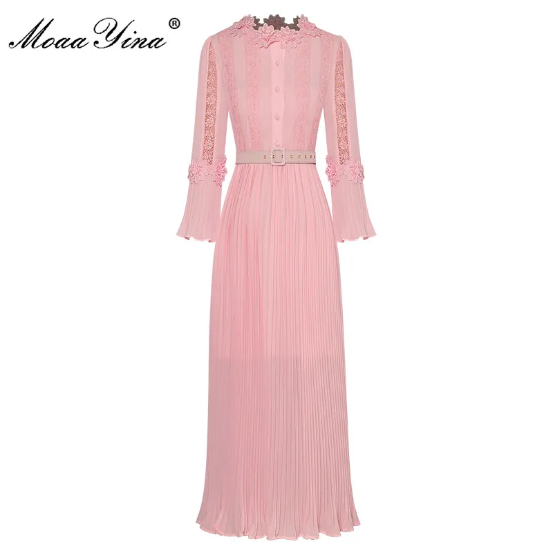 

MoaaYina Fashion Designer Summer Women's Dress Round Neck Nine-point Sleeve Lace-up Single Breasted Pleated Dresses