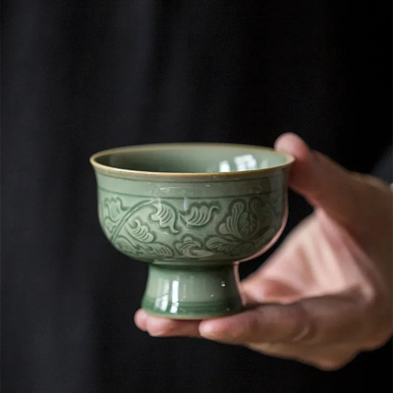 

Celadon Flowers Teacup Ceramic Cups Chinese Kung Fu Tea Cup Set Teaware Bowl For Tea Ceremony High Feet Green Coffee Mugs