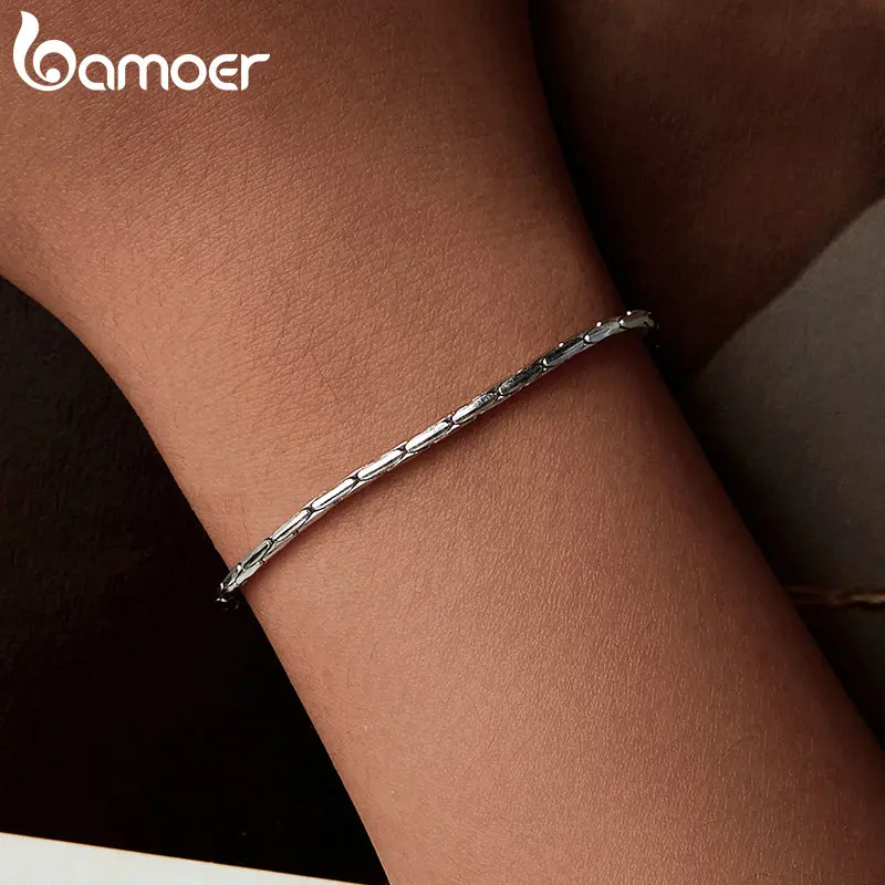 BAMOER White Gold Plated Bracelet for Women, 925 Sterling Silver Snake Chain Bracelet Dainty Fashion Basic Bracelet BSB173