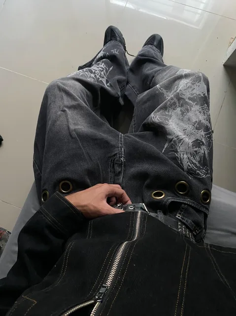 American New Fashion Oversized Pattern Printed Washed Jeans Men Y2K Gothic Rock Popular Casual Joker High Waist Wide Leg Pants 2