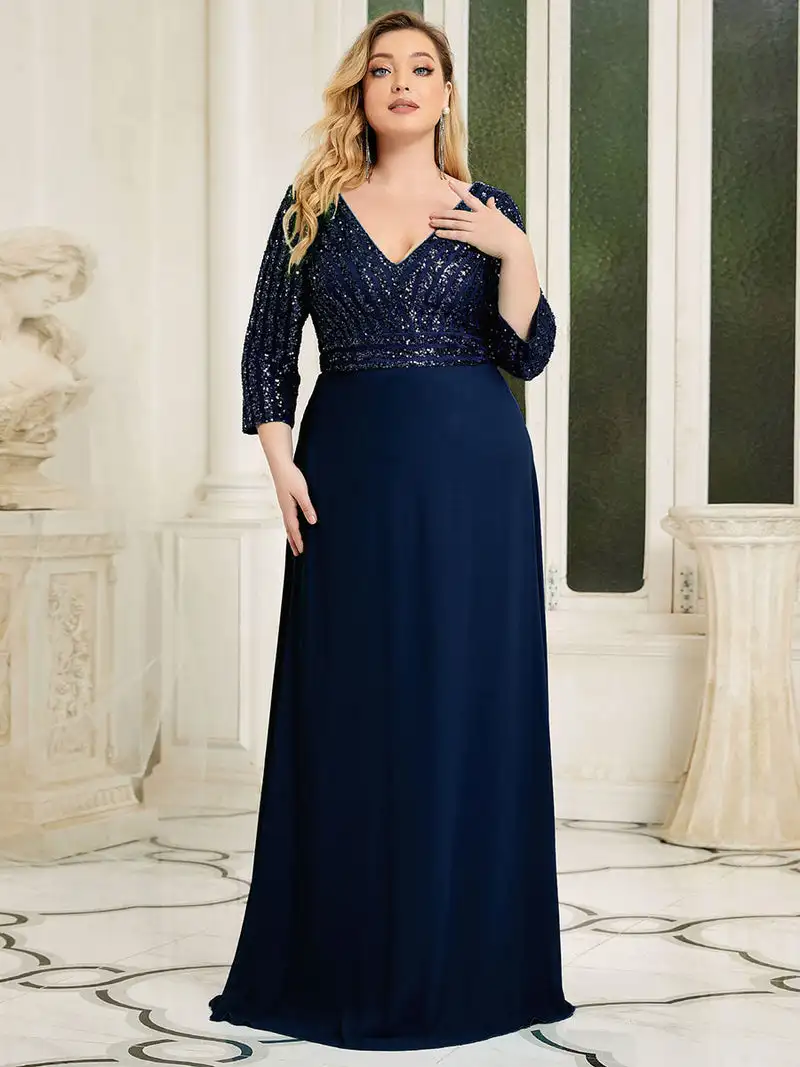 Plus Size Luxury Evening Dresses Long ALINE VNeck Wrist Sleeve FloorLength Gown 2023 of