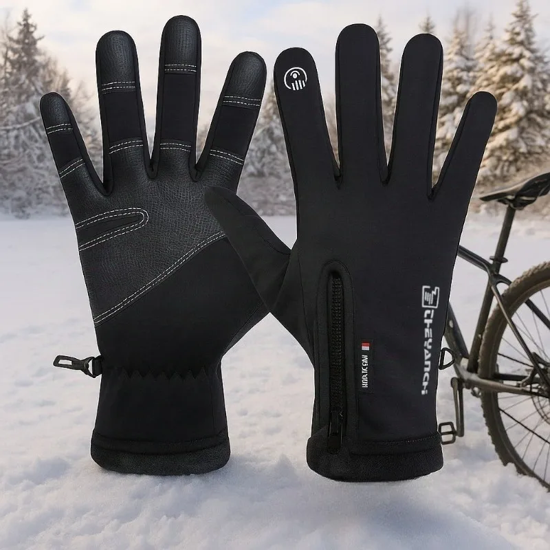 Winter Cycling Gloves with Wrist Zippered Seal Windproof Waterproof Cold Weather Ski Gloves Anti-Slip Grip for Men Women