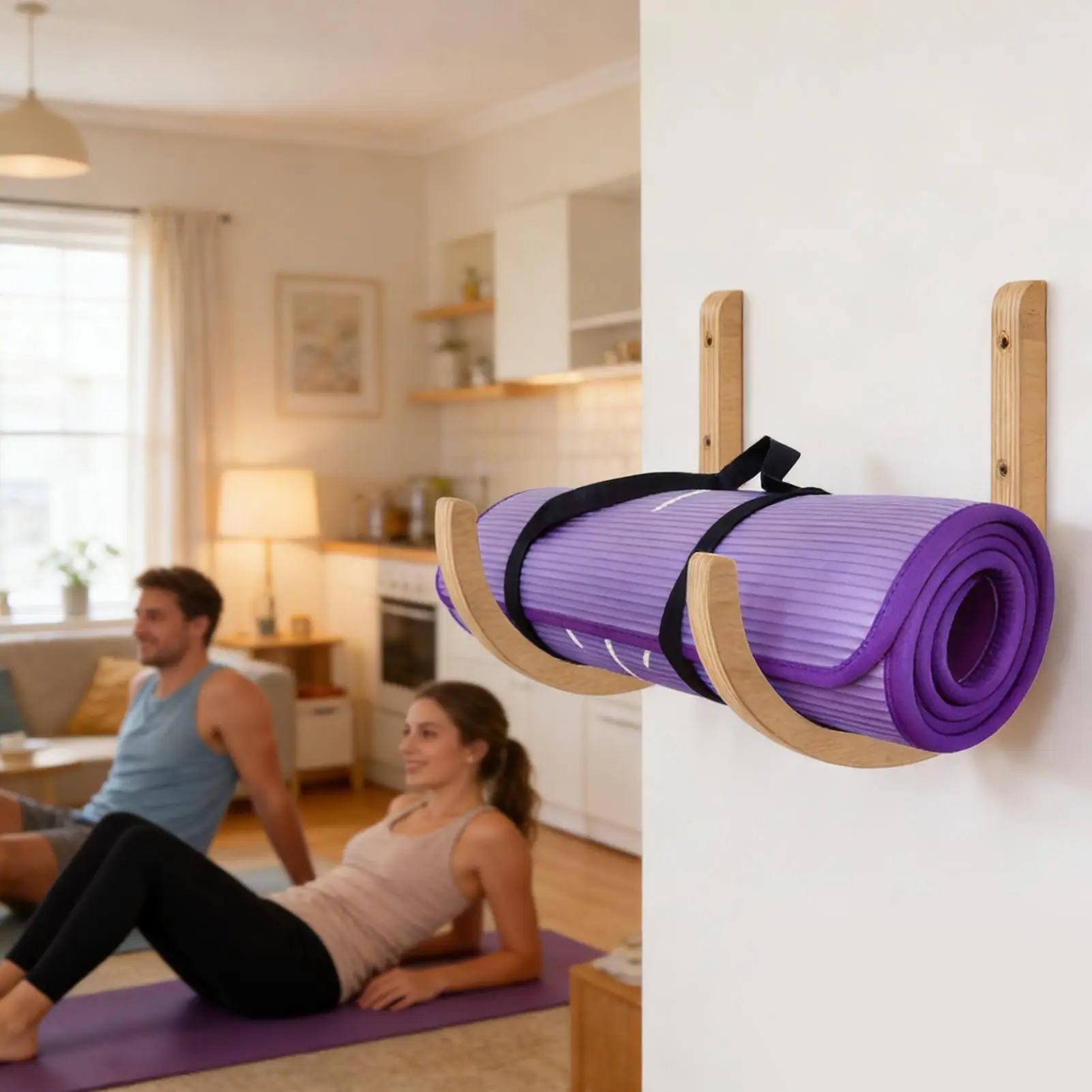 Wooden Wall-Mounted Yoga Mat Organizer - Space-Saving Exercise Mat Rack for Home Workouts (Set of 2)