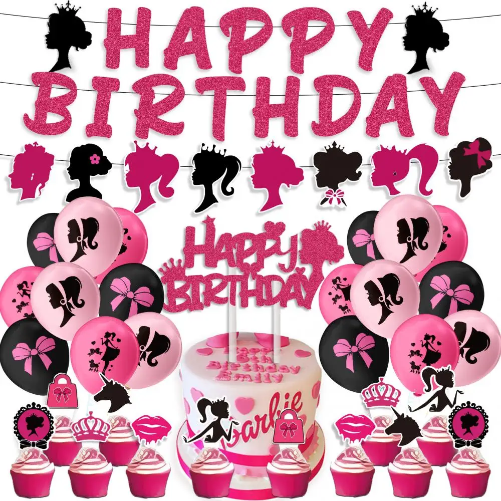 

Barbie Theme Balloon Kawaii Birthday Party Supplies Accessories Cake Plugin Diy Birthday Baby Party Decorations Barbie Banner