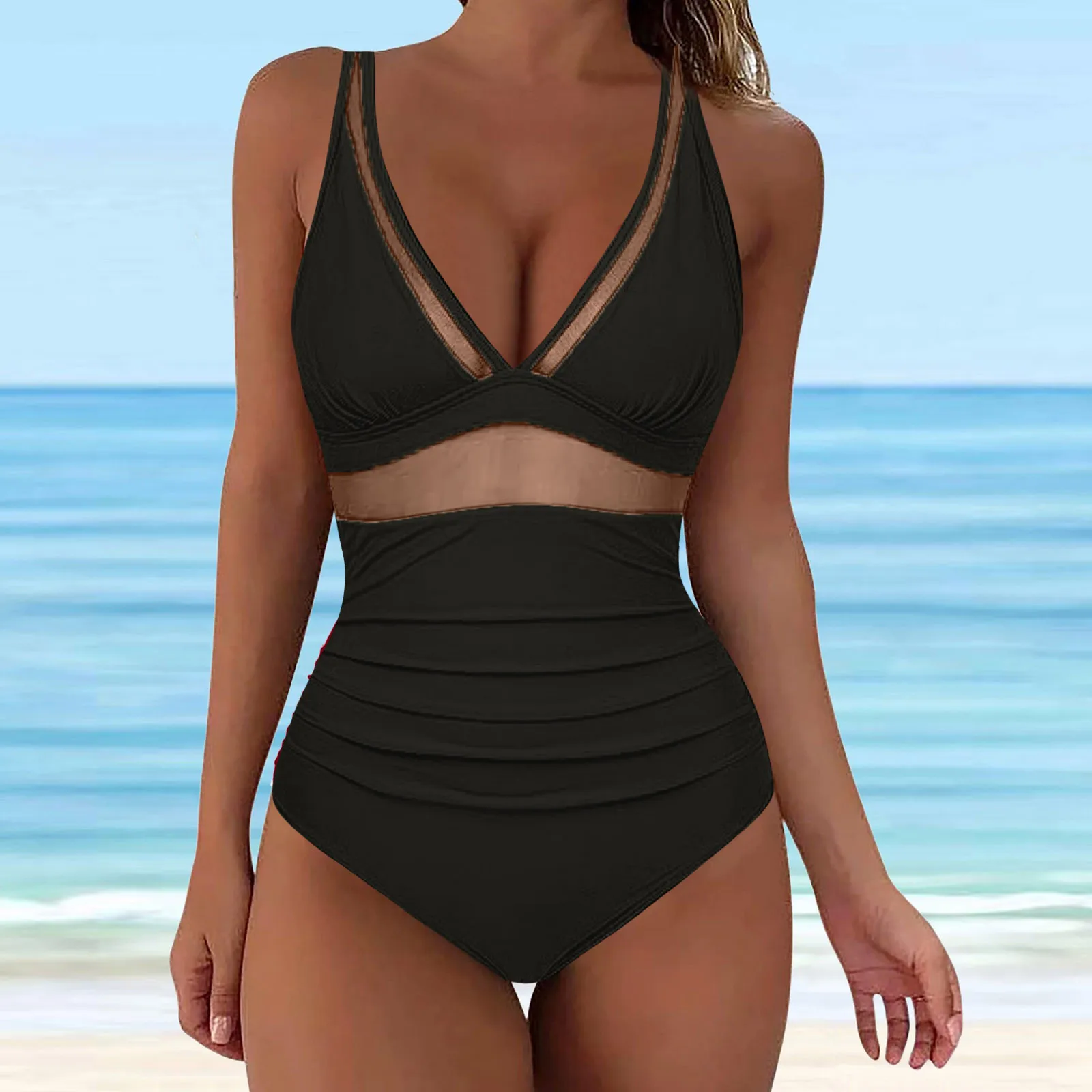 

Женские сексуальные сетчатые купальники для живота, Сиамские Купальники пуш-ап с завышенной талией, облегающие купальные костюмы, однотонные купальники, цельные купальники