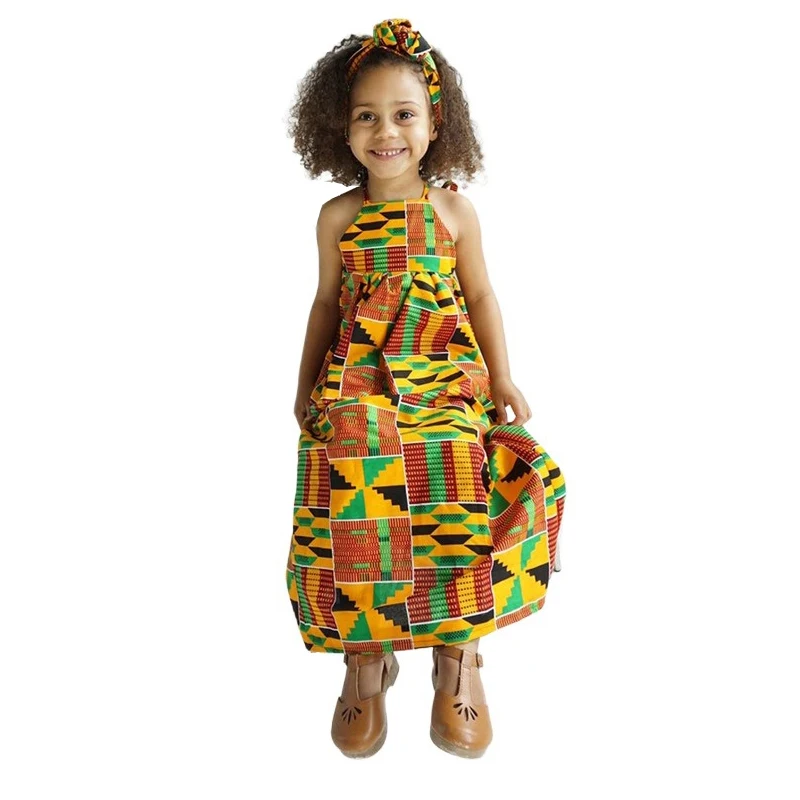 Vestido africano con estampado de Kente Ankara para niñas, verano tradicional bohemio, cuello Halter, hombros descubiertos, sin mangas, para niños pequeños 1
