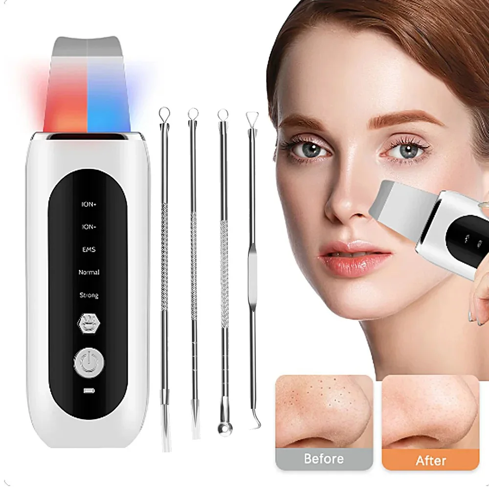 Ultrasonic Skin Scrubber 5 Modes LED Red Blue Light EMS Face Lift Blackhead Remover Acne Pore Cleaning Peeling Machine Shovel facial cleansing brush blackhead remover facial cleaner facial scrubber skin scraper