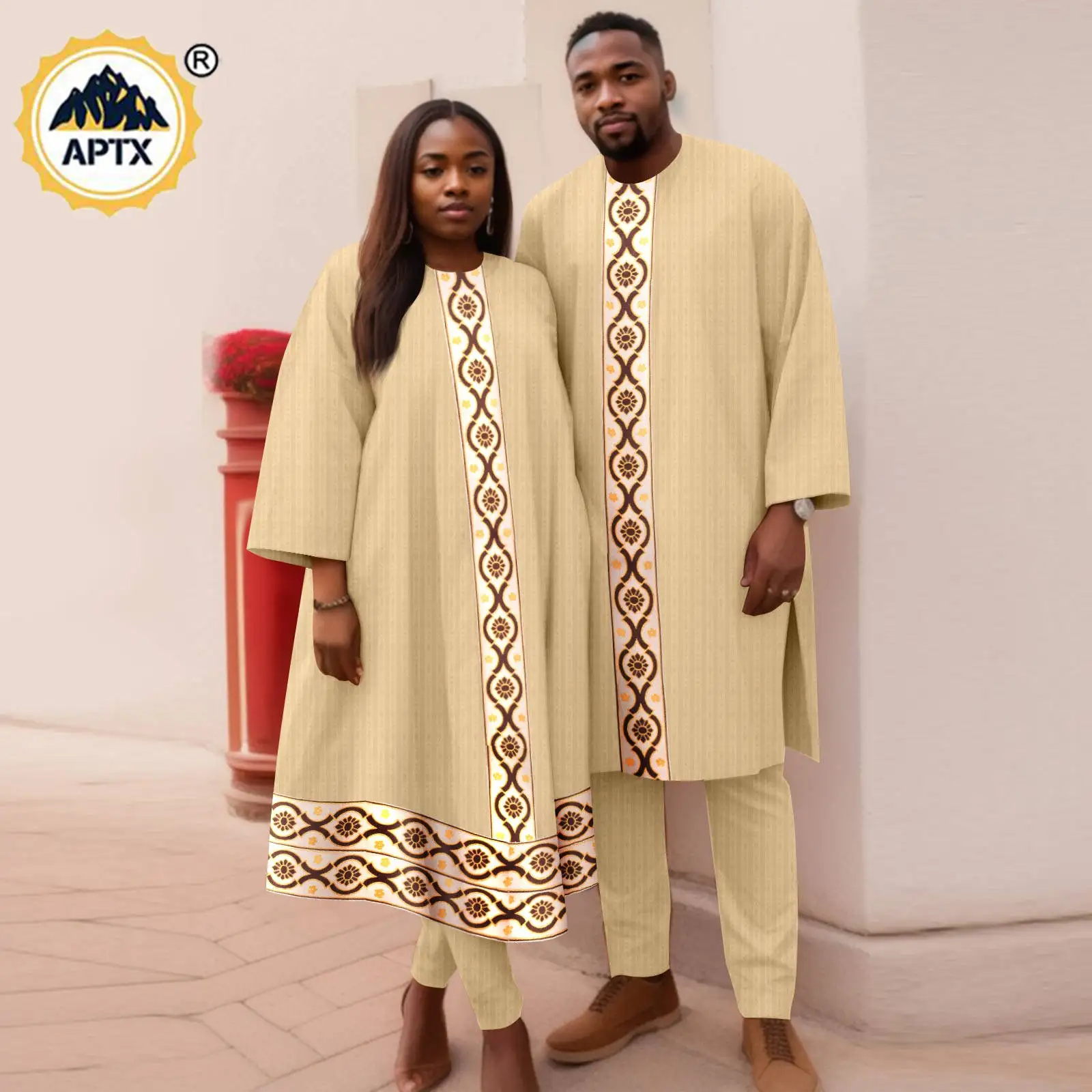 African Couples Mathing Clothes Bazin Riche Jacquard Men Long Top and Pant Sets Kaftan Dashiki Women Loose Maxi Dresses Y23C082