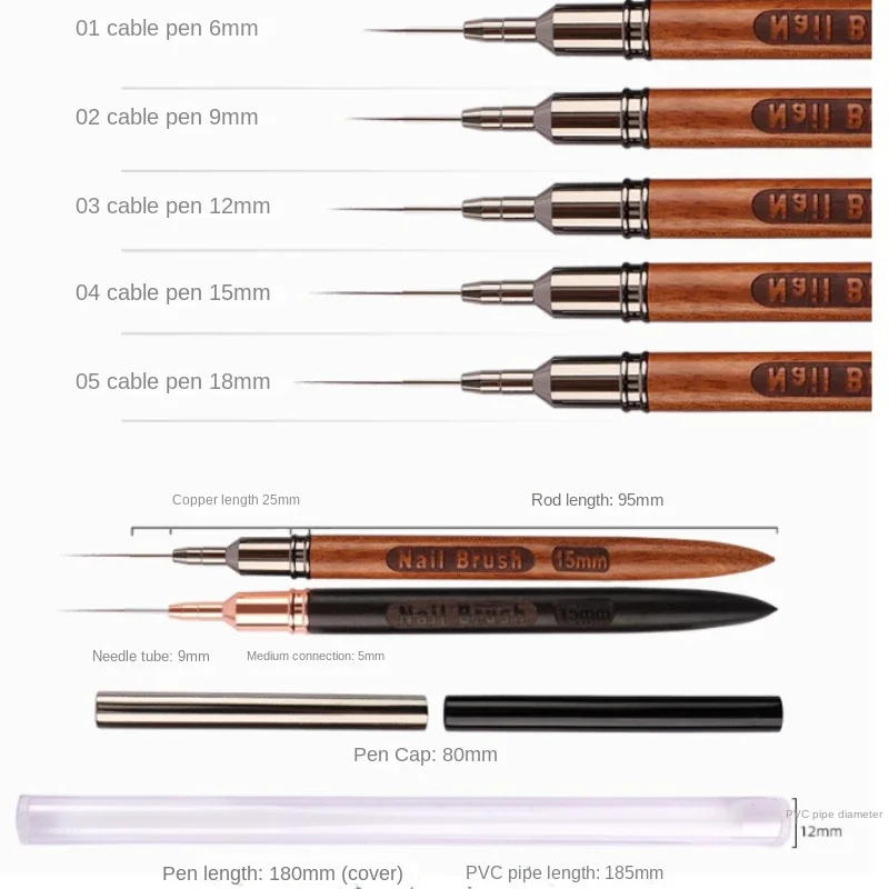 Description Picture 6 of item6/9/12/15/18MM Sandalwood Rod Nail Liner Brush Drawing Lines Stripe Painting Flower Pen Handle Nail Art Pen Brush Nail Art Tools