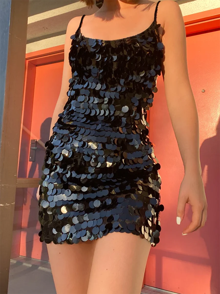 

Women Sequin Glitter Layered Mini Dress Shiny Rainbow Spaghetti Strap Party Dress Clubwear Fancy Dresses for Women 2023 (Black