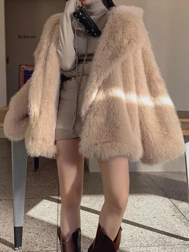 

Женское пальто из искусственного меха, свободное плотное теплое пальто цвета хаки с лацканами и длинными рукавами, на пуговицах, новинка зимнего сезона 2022